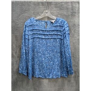 Blue Animal Print Blouse Womens Medium Lightweight Sheer Chiffon Ethereal